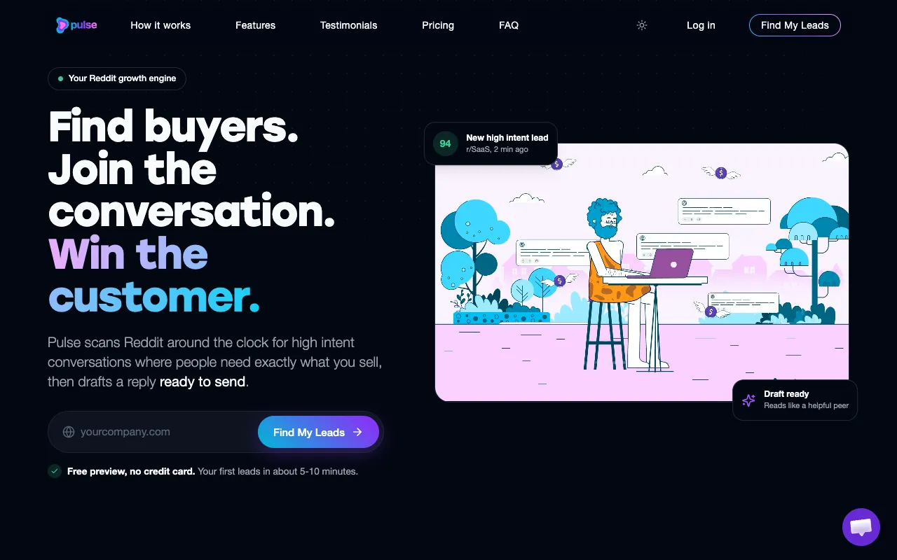 Pulse's homepage, captured 28 September 2026, with the headline Find buyers. Join the conversation. Win the customer. and a field for your company's web address
