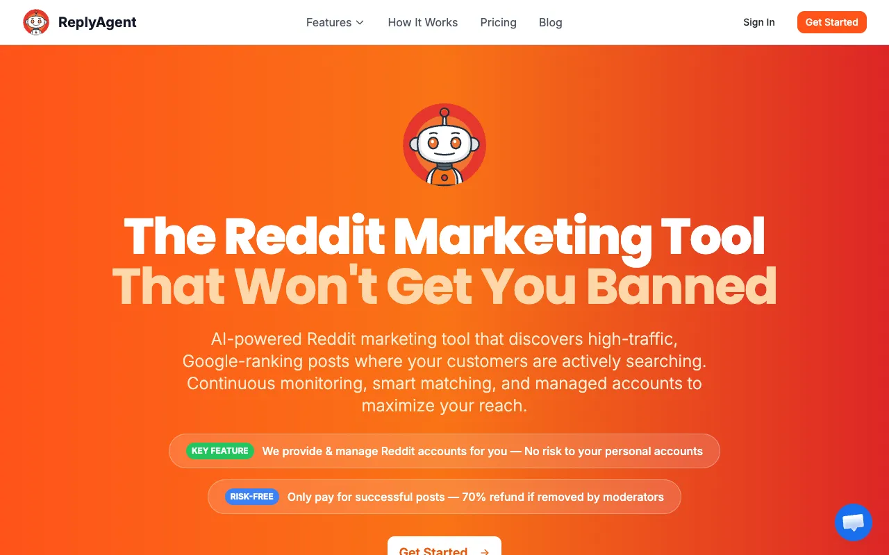 ReplyAgent's homepage, captured 28 September 2026, with its headline calling it a Reddit marketing tool and two lines about Reddit accounts it provides and refunds on removed posts
