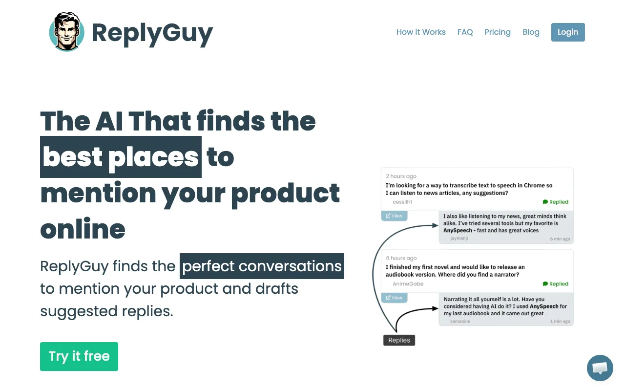 ReplyGuy's homepage, captured 21 September 2026, with the headline The AI That finds the best places to mention your product online and two example replies