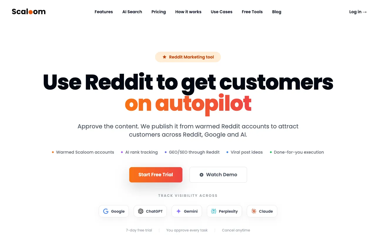Scaloom's homepage, captured 28 September 2026, with the headline Use Reddit to get customers on autopilot