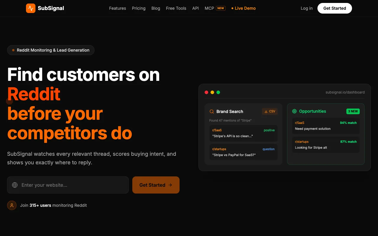 SubSignal's homepage, captured 28 September 2026, with the headline Find customers on Reddit before your competitors do