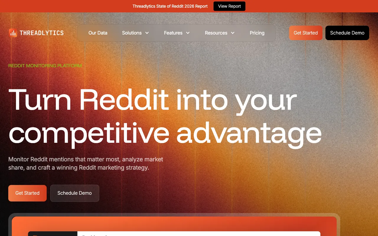 Threadlytics' homepage, captured 28 September 2026, with the headline Turn Reddit into your competitive advantage