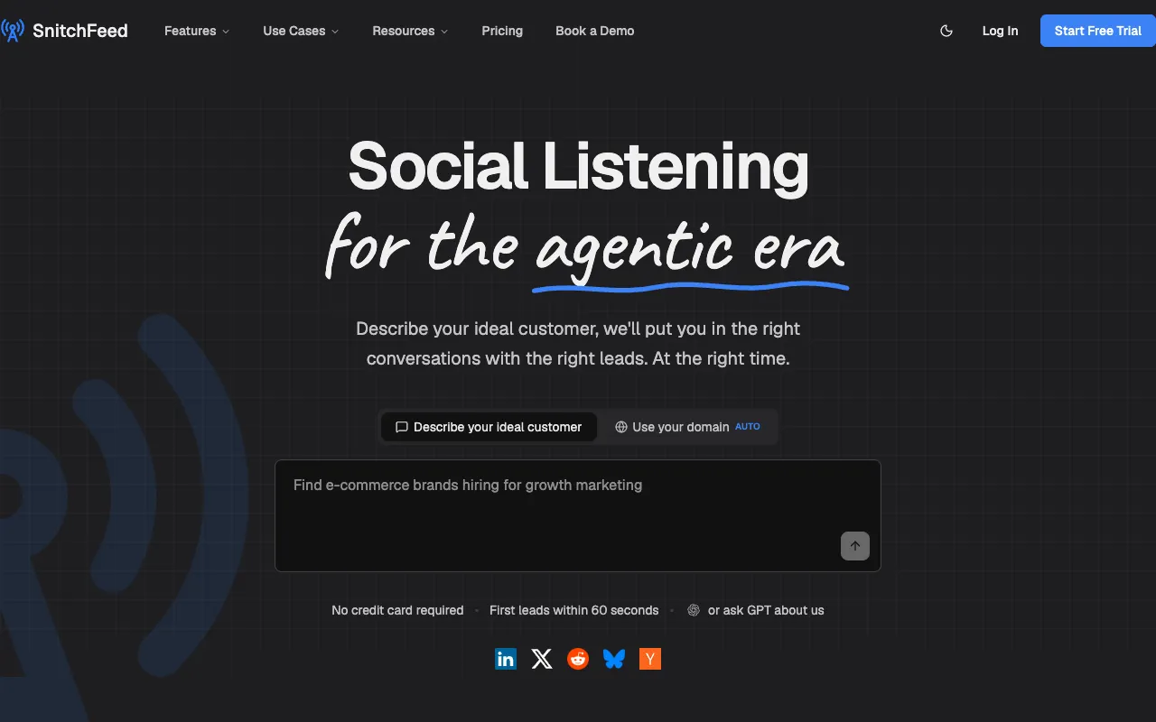 SnitchFeed's homepage, captured 20 September 2026, with its headline about social listening for the agentic era and a box to describe your ideal customer